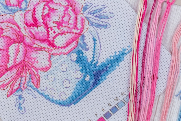 Zestaw haftowanych próbek i kolorowe nici
