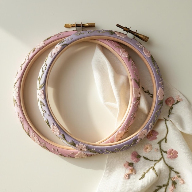 Haftowane koło z pastelowymi nićmi